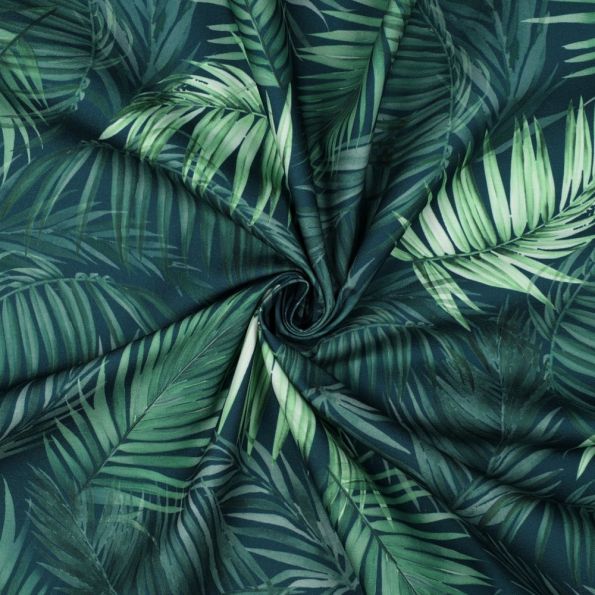 Tissu Nappe imperméable digital Feuilles sur fond Vert foncé - Par 10 cm