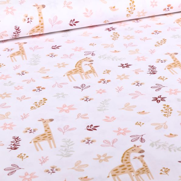 Tissu Coton imprimé Bio LittleBird Girafes Love sur fond Blanc - Par 10 cm