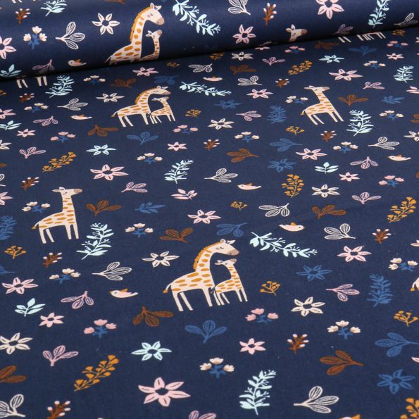 Tissu Coton imprimé Bio LittleBird Girafes Love sur fond Bleu marine - Par 10 cm