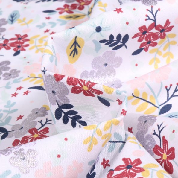 Tissu Coton imprimé pailleté Florita sur fond Blanc - Par 10 cm