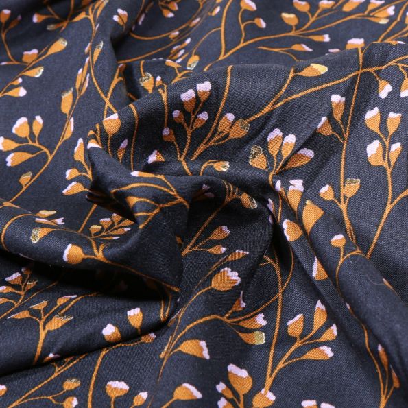 Tissu Viscose Branches pailletées sur fond Bleu marine - Par 10 cm