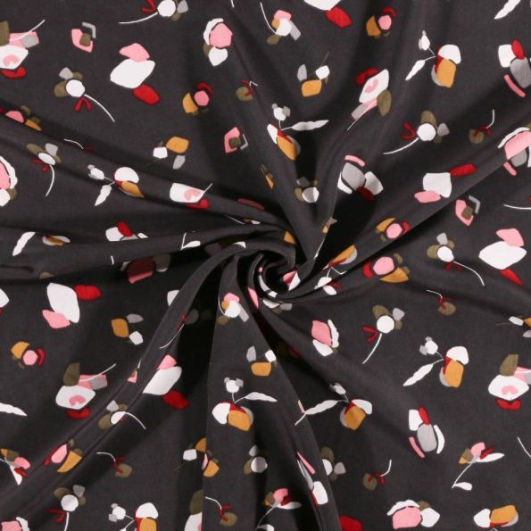 Tissu Satin imprimé Fleurs et pétales rose grises et kaki sur fond Noir - Par 10 cm