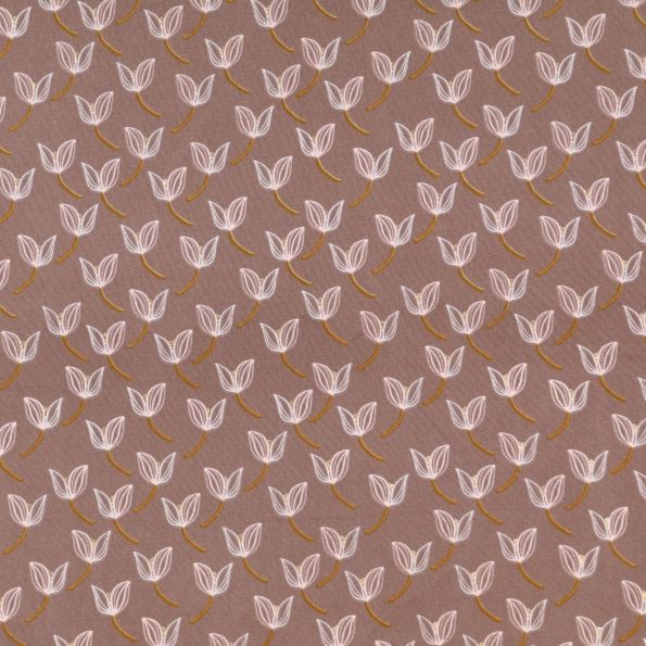 Tissu Microfibre léger Pailleté Tulipes Ecrues, moutarde et dorées sur fond Taupe - Par 10 cm