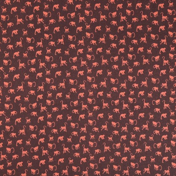 Tissu Satin imprimé Singes oranges sur fond Marron - Par 10 cm