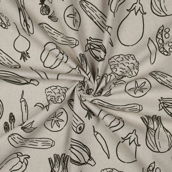 Tissu Toile Coton Canvas aspect Lin Légumes du Jardin sur fond Naturel - Par 10 cm