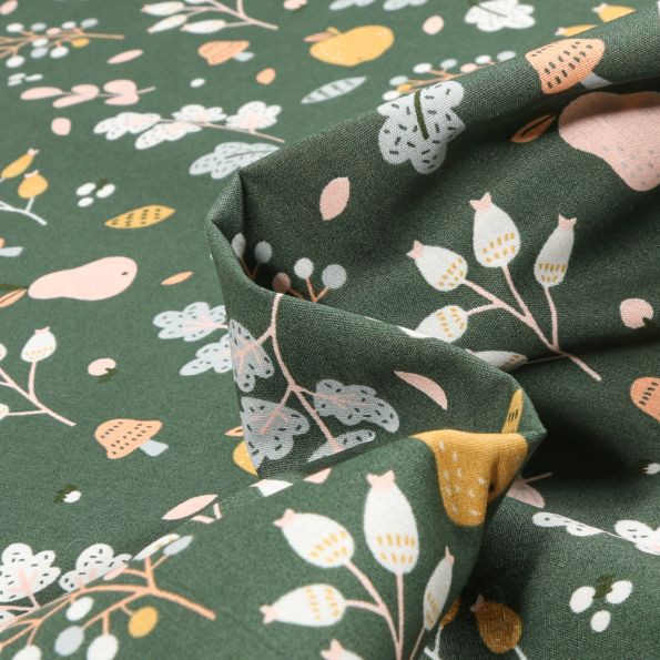 Tissu Coton imprimé Fruitiers sur fond Vert - Par 10 cm