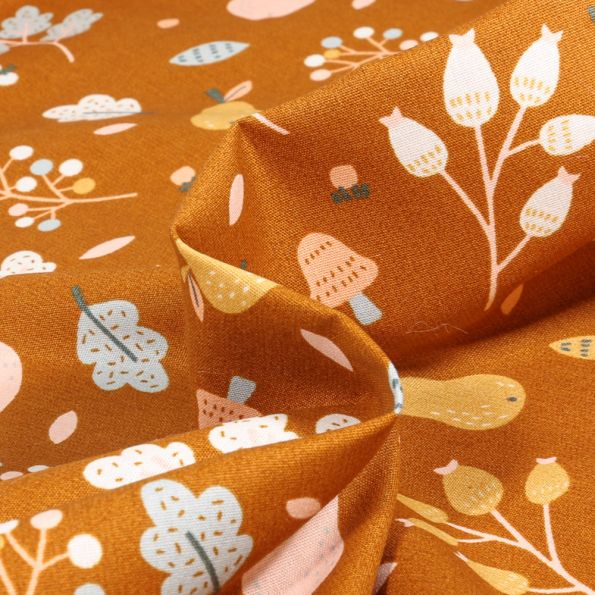 Tissu Coton imprimé Fruitiers sur fond Ocre - Par 10 cm