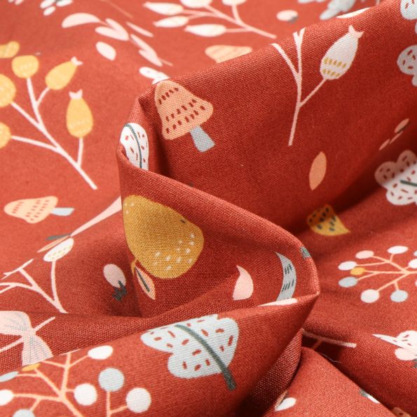 Tissu Coton imprimé Fruitiers sur fond Brique - Par 10 cm