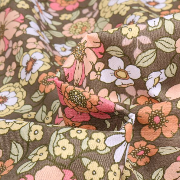 Tissu Coton imprimé Sweet Flower Florentina sur fond Vert kaki - Par 10 cm