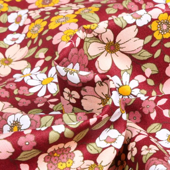 Tissu Coton imprimé Sweet Flower Florentina sur fond Bordeaux - Par 10 cm