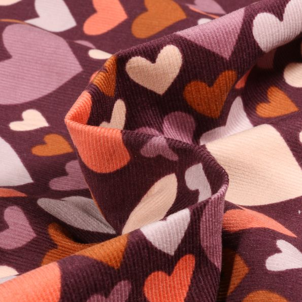Tissu Velours milleraies Coeurs colorés sur fond Bordeaux - Par 10 cm