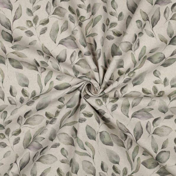 Tissu Toile Coton Canvas aspect Lin feuilles Eucalyptus sur fond Naturel - Par 10 cm
