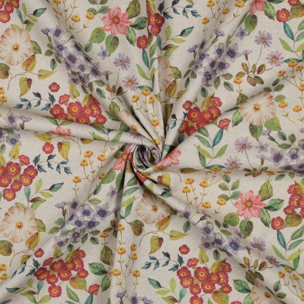 Tissu Toile Coton Canvas aspect Lin Jardin Bohème sur fond Naturel - Par 10 cm