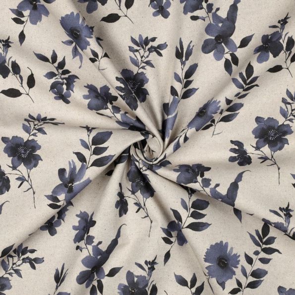 Tissu Toile Coton Canvas aspect Lin petites fleurs Bleu nuit sur fond Naturel - Par 10 cm