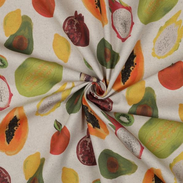 Tissu Toile Coton Canvas aspect Lin Fruits Exotiques sur fond Naturel - Par 10 cm