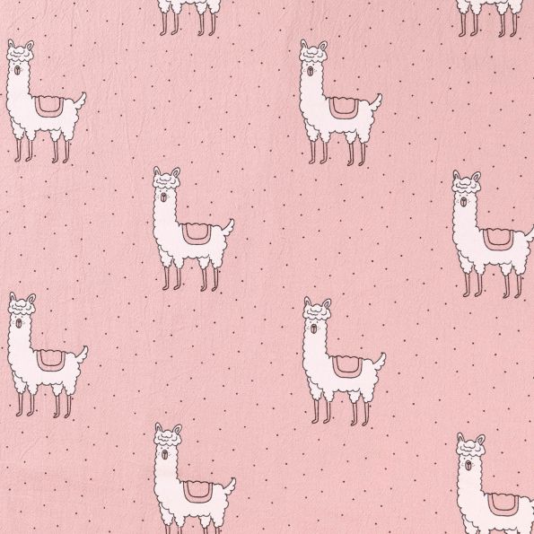 Tissu Coton Lavé Lamas et pois Noirs et blancs sur fond Vieux rose - Par 10 cm