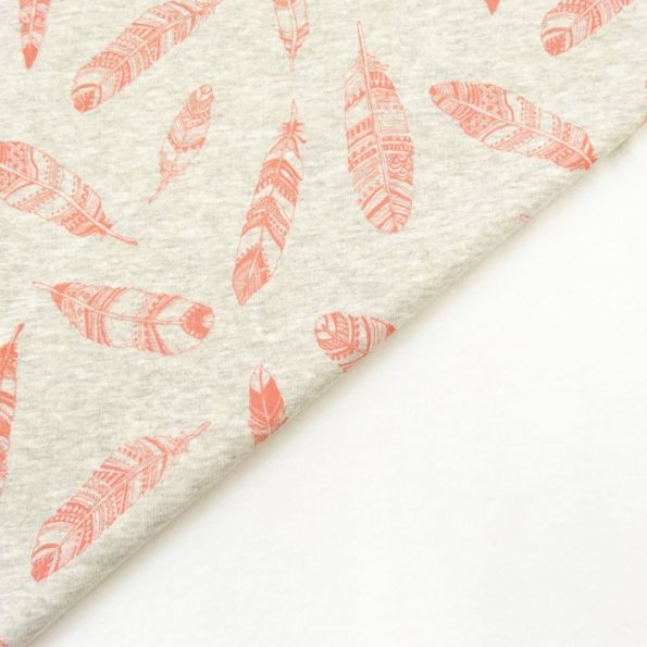 Tissu Sweat envers minky Gris blanc chiné Plumes Corail x10cm