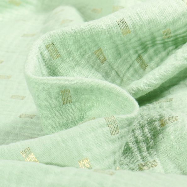 Tissu Double gaze Rectangles striés dorés sur fond Vert - Par 10 cm