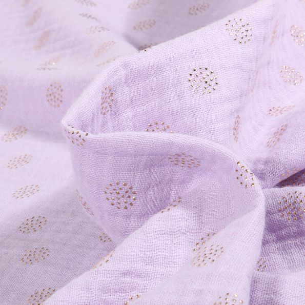Tissu Double gaze Pointipois dorés sur fond Lilas - Par 10 cm