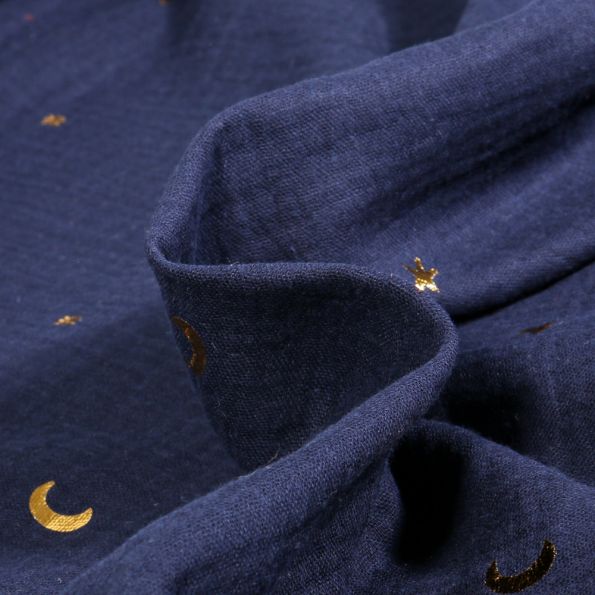 Tissu Double gaze Lunes et étoiles dorées sur fond Bleu marine - Par 10 cm