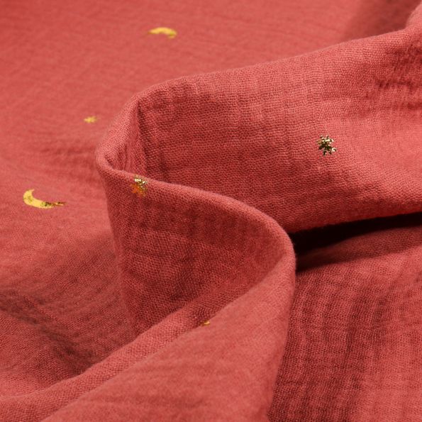 Tissu Double gaze Lunes et étoiles dorées sur fond Terracotta - Par 10 cm