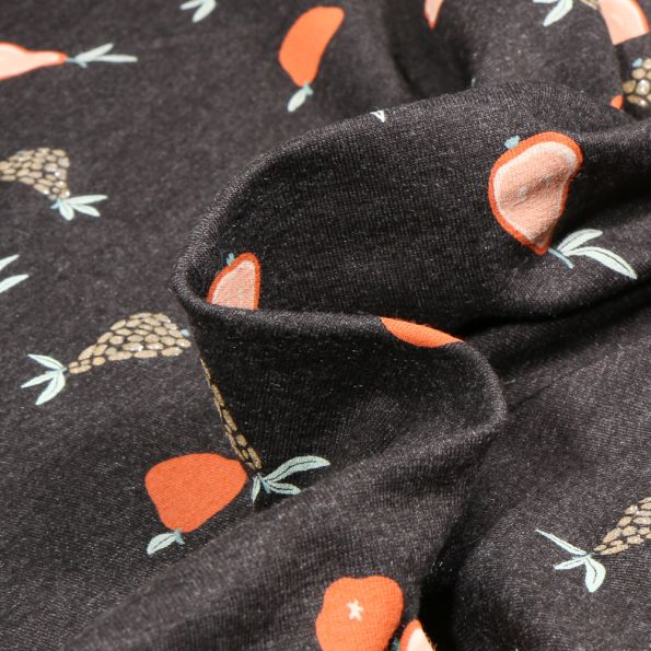 Tissu Sweat léger envers gratté Fruits pailletés sur fond Noir - Par 10 cm