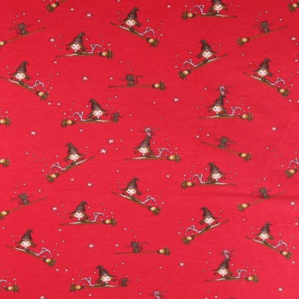 Tissu jersey molletonné Sorcière sur son balais sur fond Rouge - Par 10 cm