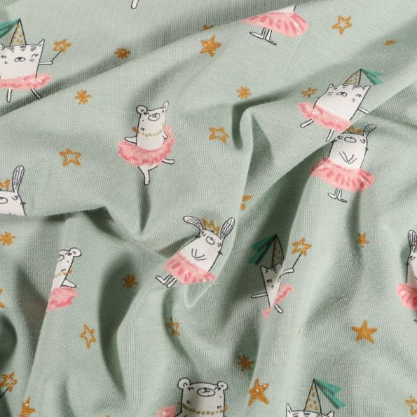 Tissu Jersey Coton Animaux ballerina sur fond Vert d'eau - Par 10 cm