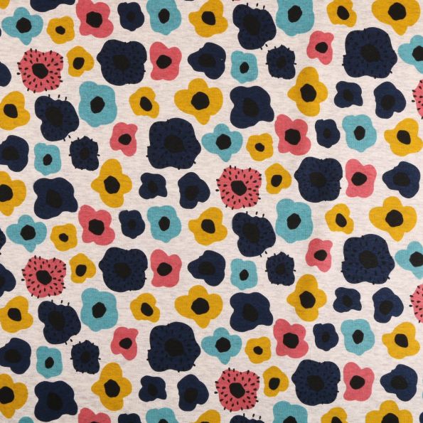 Tissu Sweat  envers minky Fleurs stylisé sur fond Gris chiné - Par 10 cm