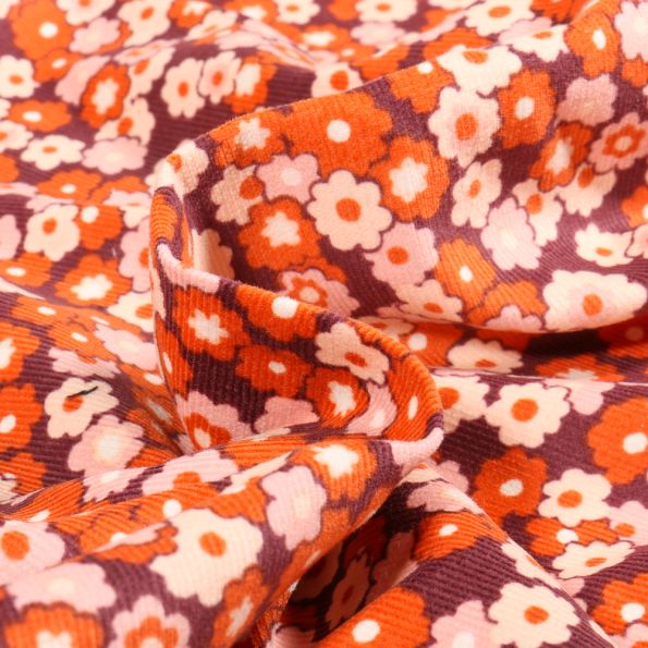 Tissu Velours milleraies Marguerita sur fond Bordeaux - Par 10 cm