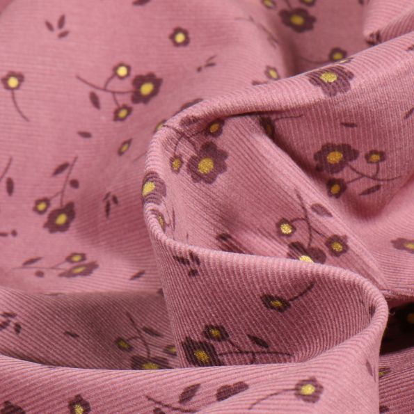 Tissu Velours milleraies Fleurette sur fond Rose - Par 10 cm