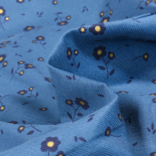 Tissu Velours milleraies Fleurette sur fond Bleu - Par 10 cm