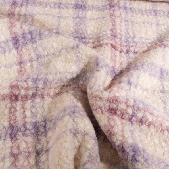 Tissu Bouclettes  Carreaux lilas et mauve sur fond Ecru - Par 10 cm