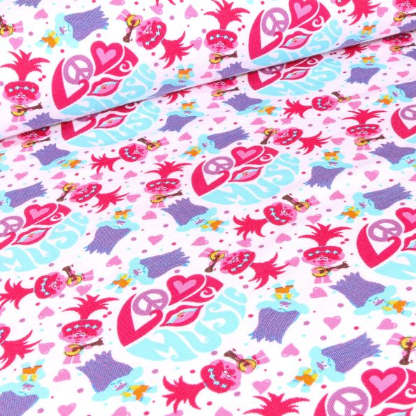 Tissu Jersey Coton Trolls music sur fond Blanc - Par 10 cm