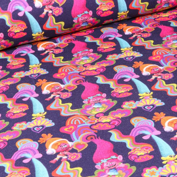 Tissu Jersey Coton Trolls music sur fond Bleu marine - Par 10 cm