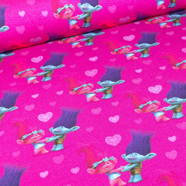 Tissu Jersey Coton Love Trolls sur fond Rose fuchsia - Par 10 cm