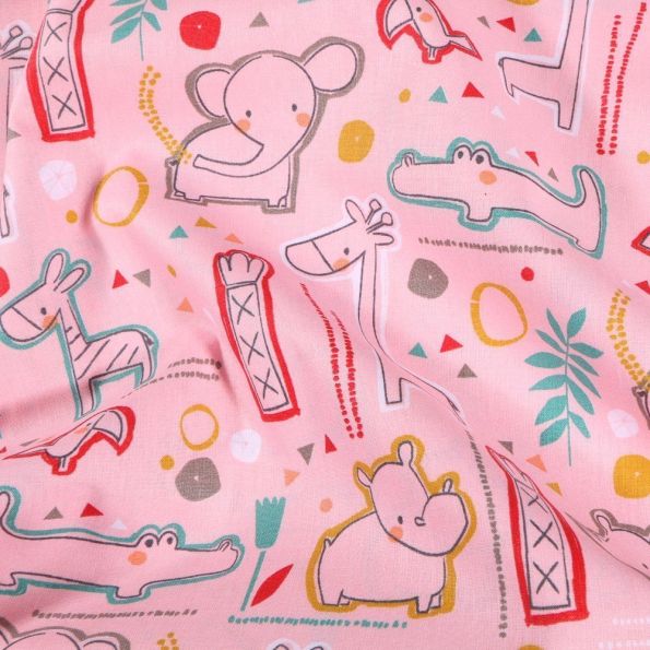 Tissu Coton imprimé Bébé animaux sur fond Rose - Par 10 cm