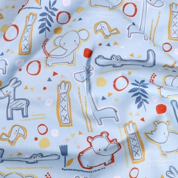 Tissu Coton imprimé Bébé animaux sur fond Bleu - Par 10 cm