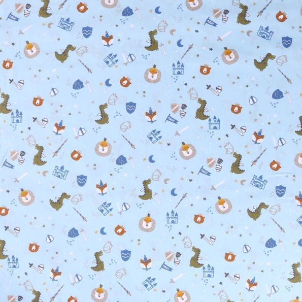 Tissu Coton imprimé Animaux chevaliers gris et vert sur fond Bleu - Par 10 cm