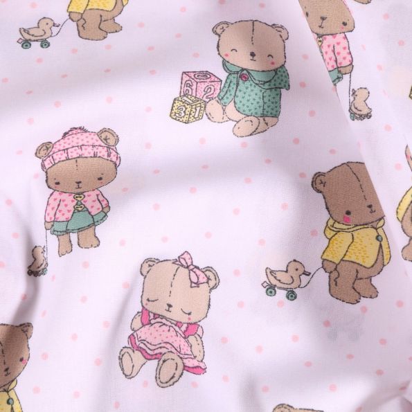 Tissu Coton imprimé Ourson en peluche sur fond Blanc - Par 10 cm