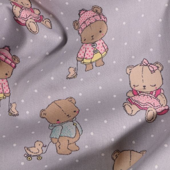 Tissu Coton imprimé Ourson en peluche sur fond Gris - Par 10 cm