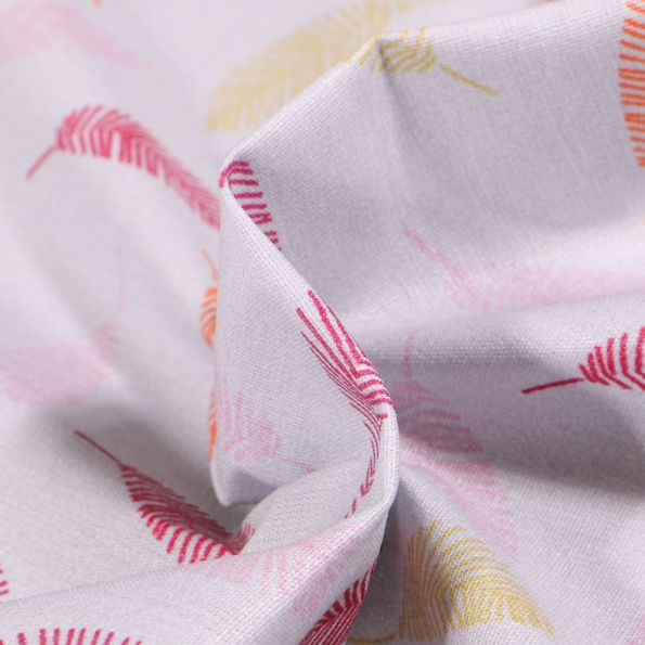 Tissu Coton enduit Feuilles multicolores sur fond Gris clair - Par 10 cm