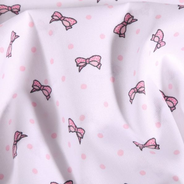 Tissu Coton imprimé Nœuds et pois rose sur fond Blanc - Par 10 cm