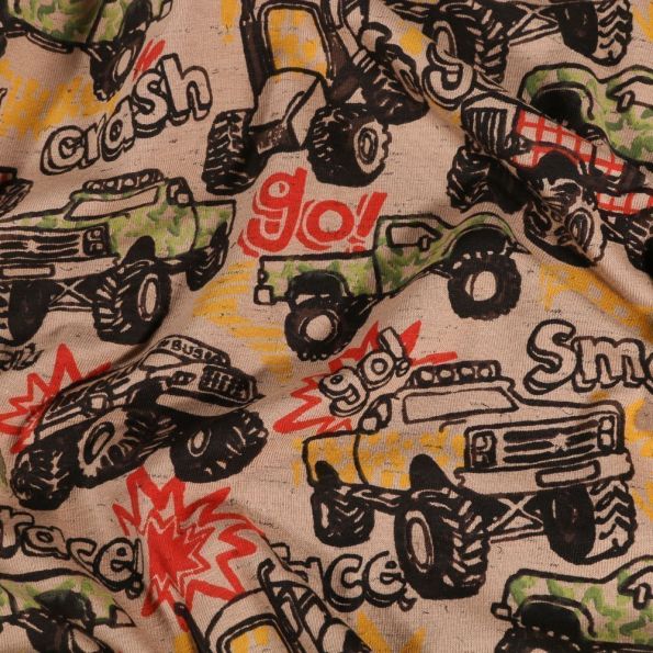 Tissu Jersey Coton Course de 4x4 sur fond Beige - Par 10 cm