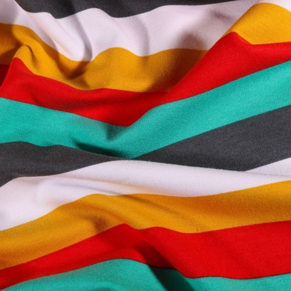 Tissu Jersey Coton Rayures jaunes, vertes et rouges sur fond Blanc - Par 10 cm