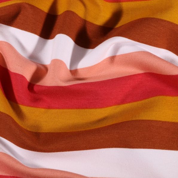 Tissu Jersey Coton Rayures ocre, rouge et marron sur fond Blanc - Par 10 cm