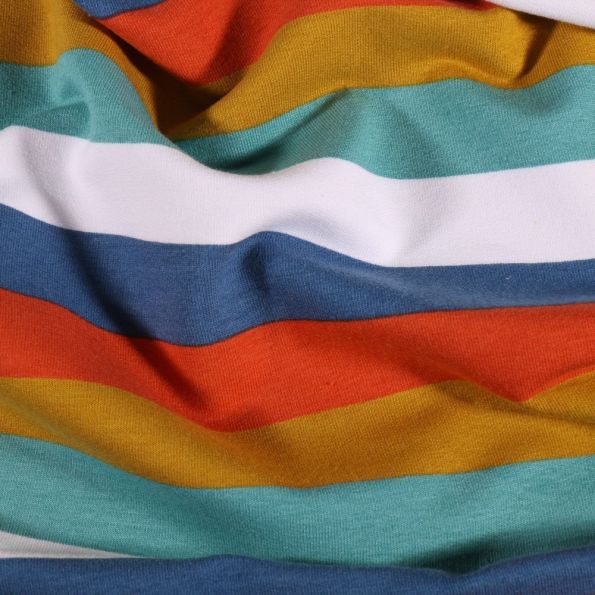 Tissu Jersey Coton Rayures ocre, bleue et orange sur fond Blanc - Par 10 cm