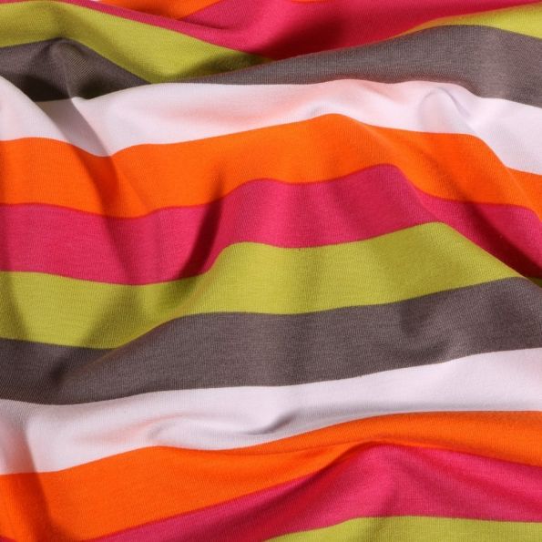 Tissu Jersey Coton Rayures roses, vertes et oranges sur fond Blanc - Par 10 cm