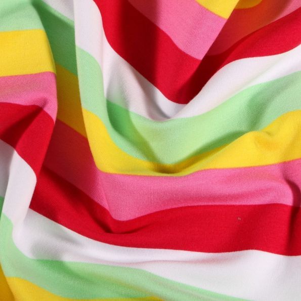 Tissu Jersey Coton Rayures rouges, jaunes et roses sur fond Blanc - Par 10 cm