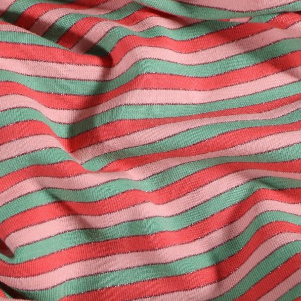 Tissu Jersey Coton Rayures vertes, roses et lurex sur fond Rose - Par 10 cm